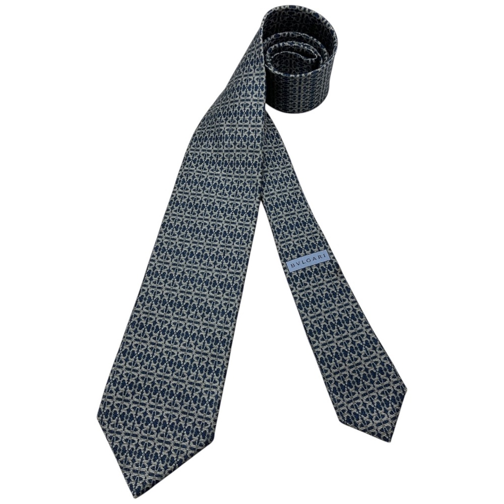 BVLGARI SEVENFOLD XL Blue/Gray Geometric Silk LUXURY Tie ITALY